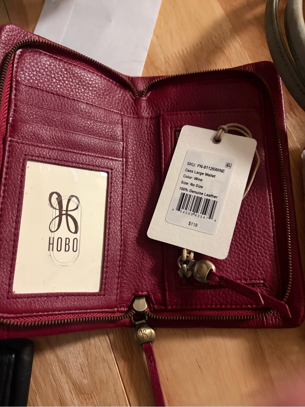 NWT HOBO Wine Pebbled Leather Zip Cass Wallet